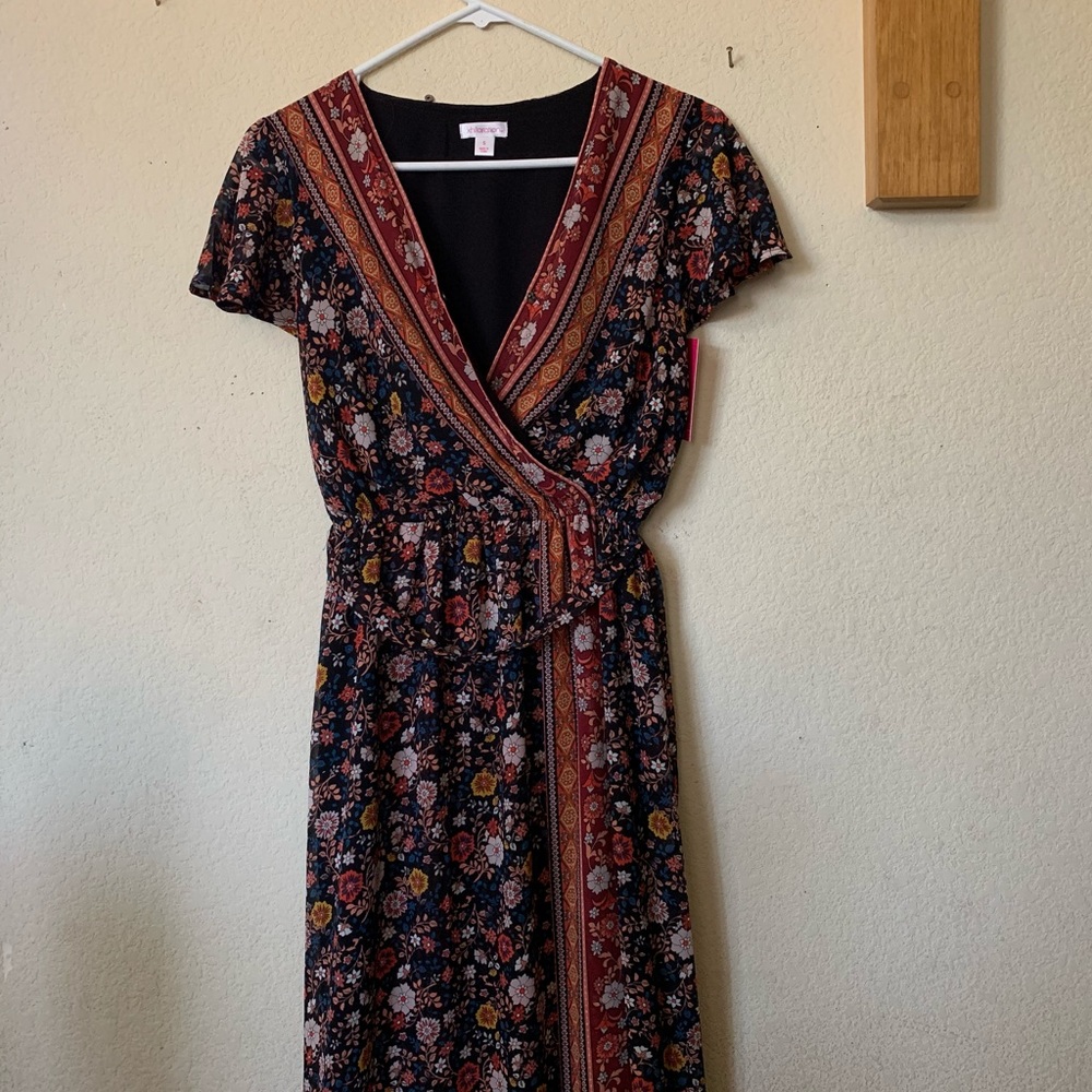 Xhilaration Floral Maxi Dress in Black with Red and Yellow Accents